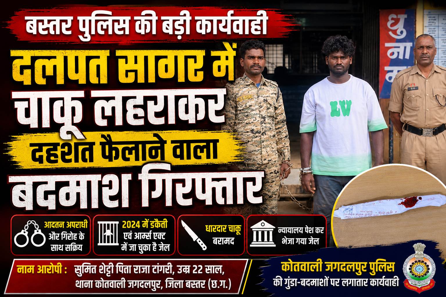 दलपत सागर में चाकू लहराकर दहशत फैलाने वाला बदमाश गिरफ्तार, न्यायिक अभिरक्षा में भेजा गया जेल